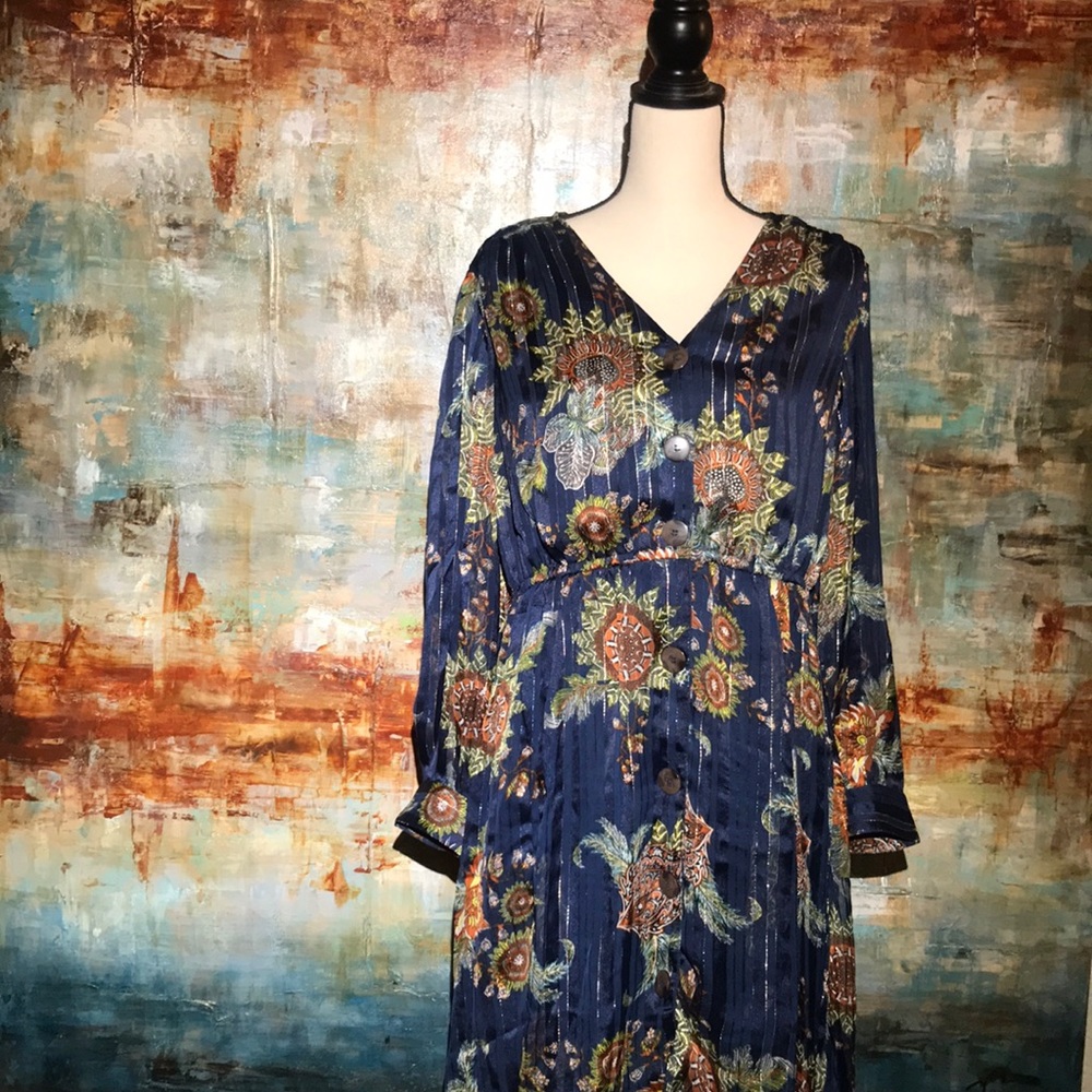 Navy Floral Midi Dress with Button Front